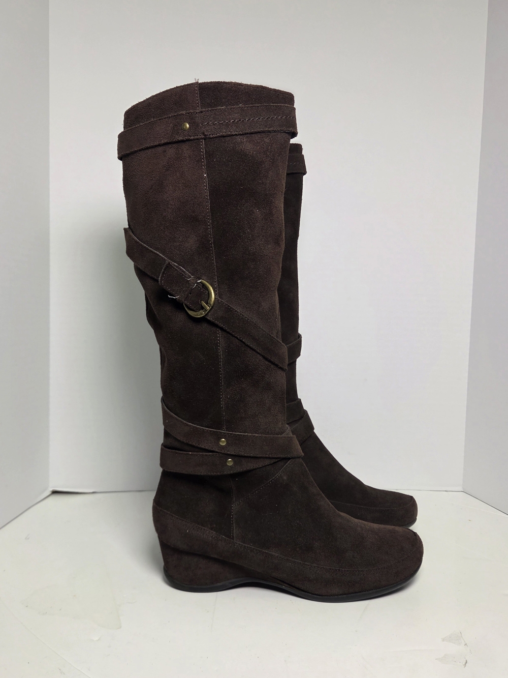 Me Too Dark Brown Suede Knee High Wedge Boots